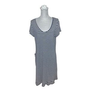Toad & Co Muse Dress Size L Organic Cotton Midi Navy Blue Striped Pocket
